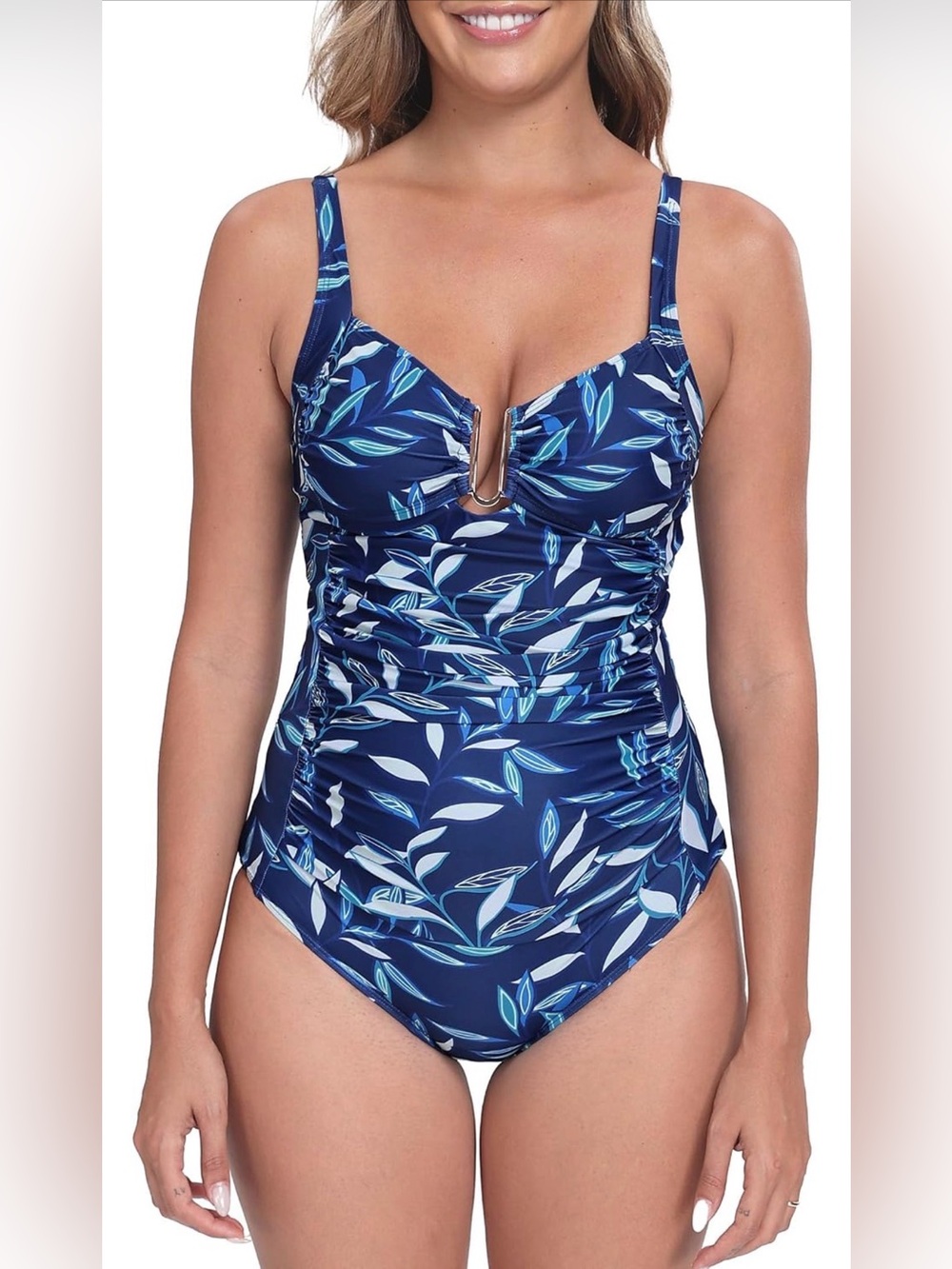 0105: Women’s Navy Blue Leaf-Print One-Piece Swimsuit